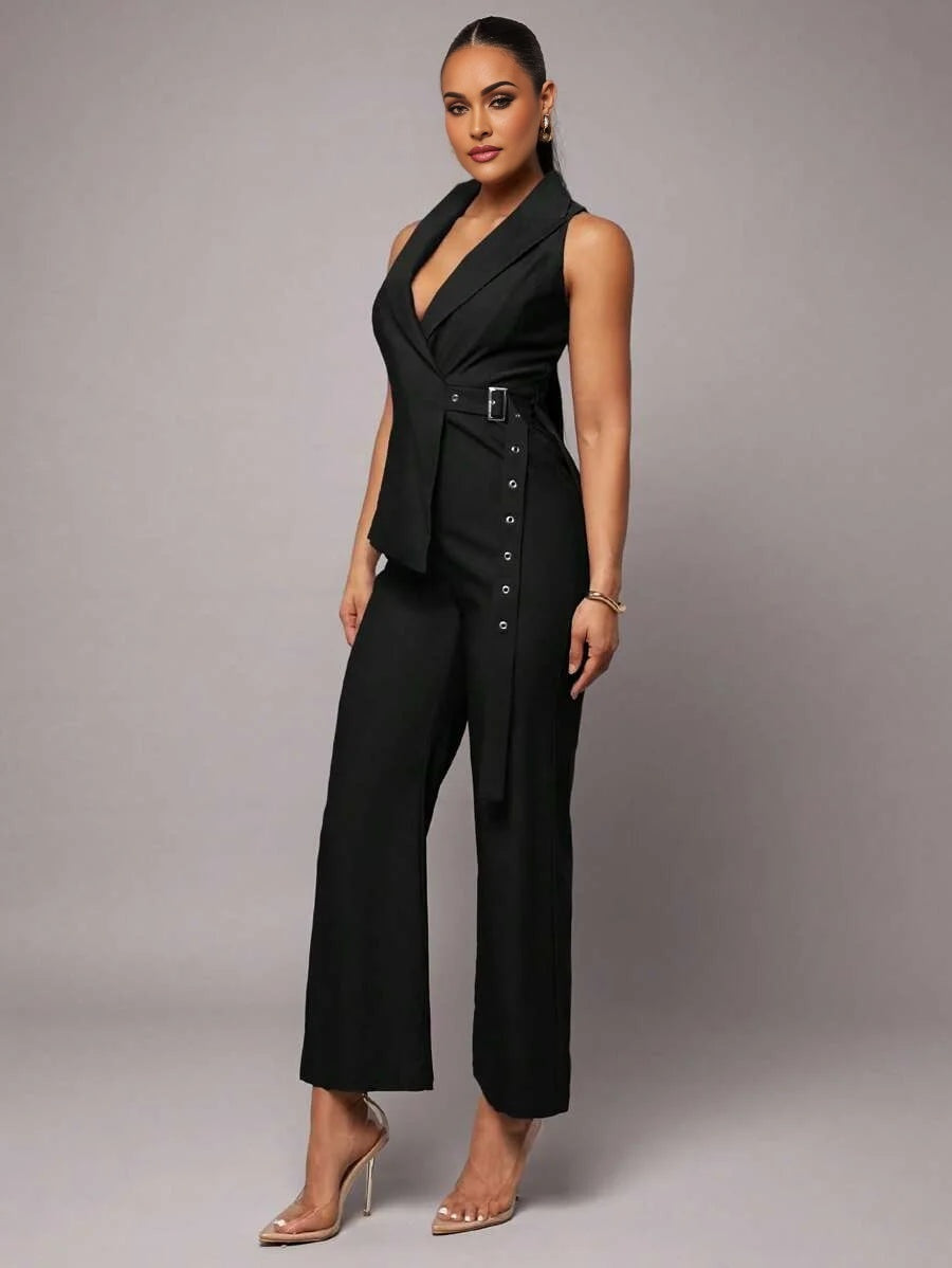 Womens Black Asymmetrical Wrap Collar Tie Waist Jumpsuit Set Elegant Office Wear Summer amp Autumn