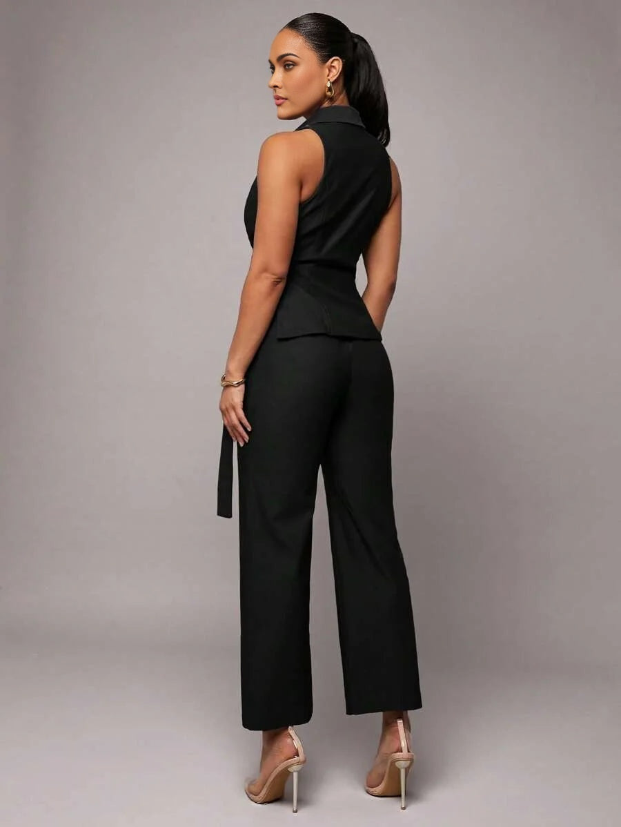 Womens Black Asymmetrical Wrap Collar Tie Waist Jumpsuit Set Elegant Office Wear Summer amp Autumn