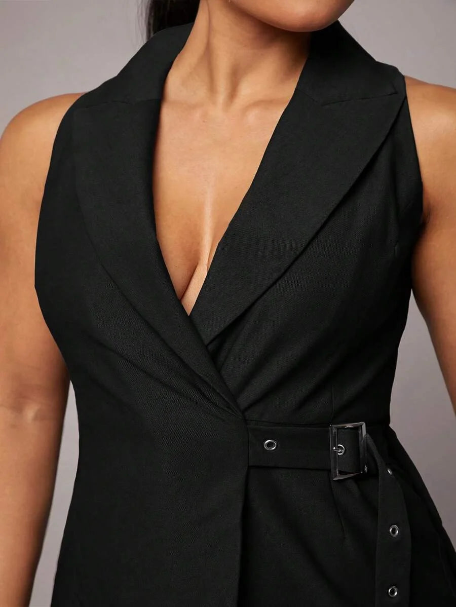 Womens Black Asymmetrical Wrap Collar Tie Waist Jumpsuit Set Elegant Office Wear Summer amp Autumn