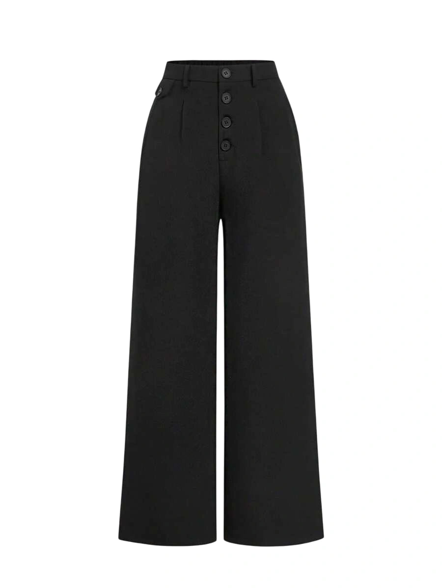 Womens Black Casual Loose Button Front Wide Leg Pants