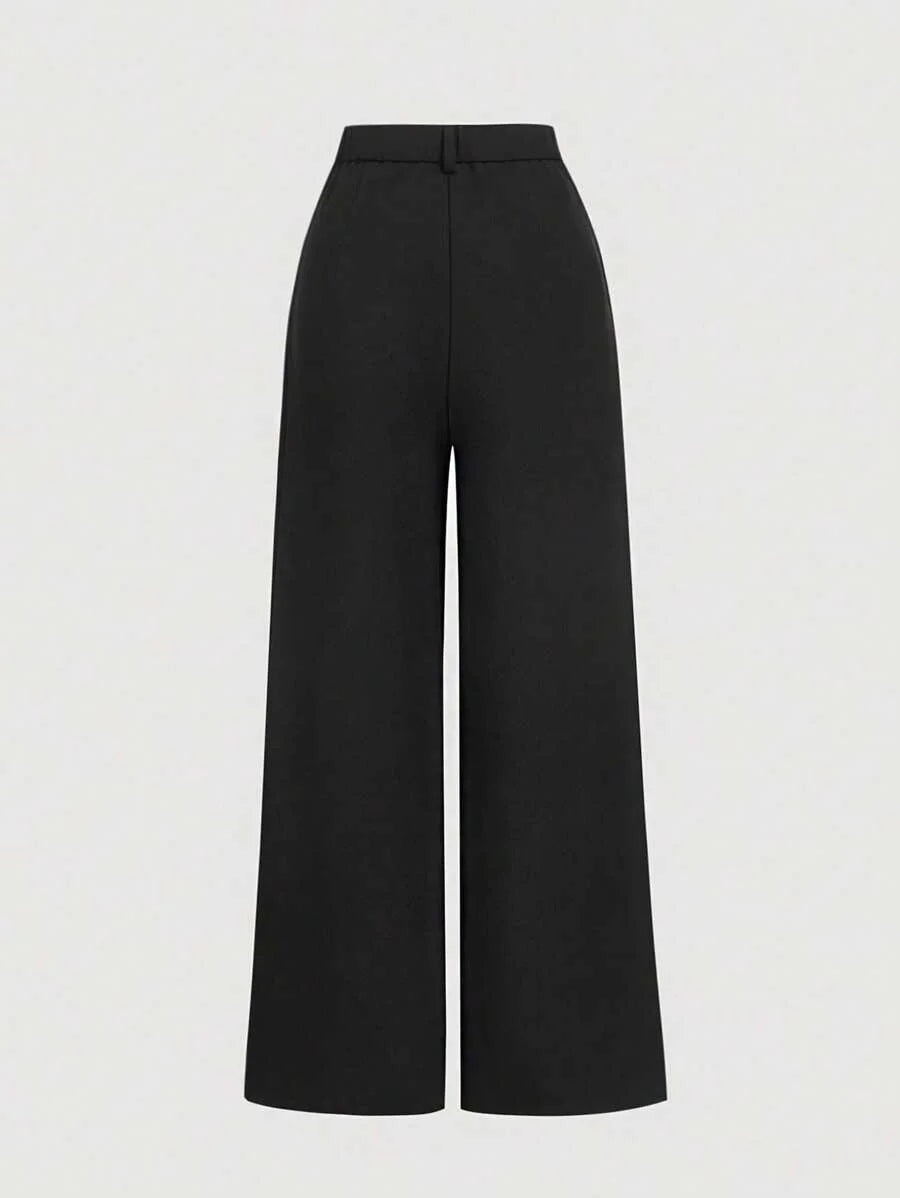 Womens Black Casual Loose Button Front Wide Leg Pants