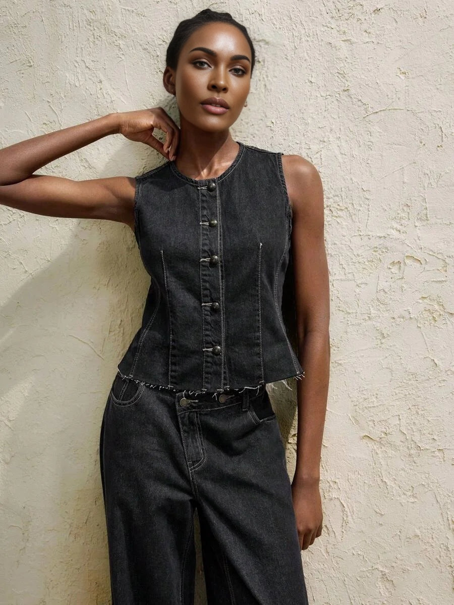 Womens Black Denim Top Casual Fit Sleeveless Vest Retro Casual Outfit