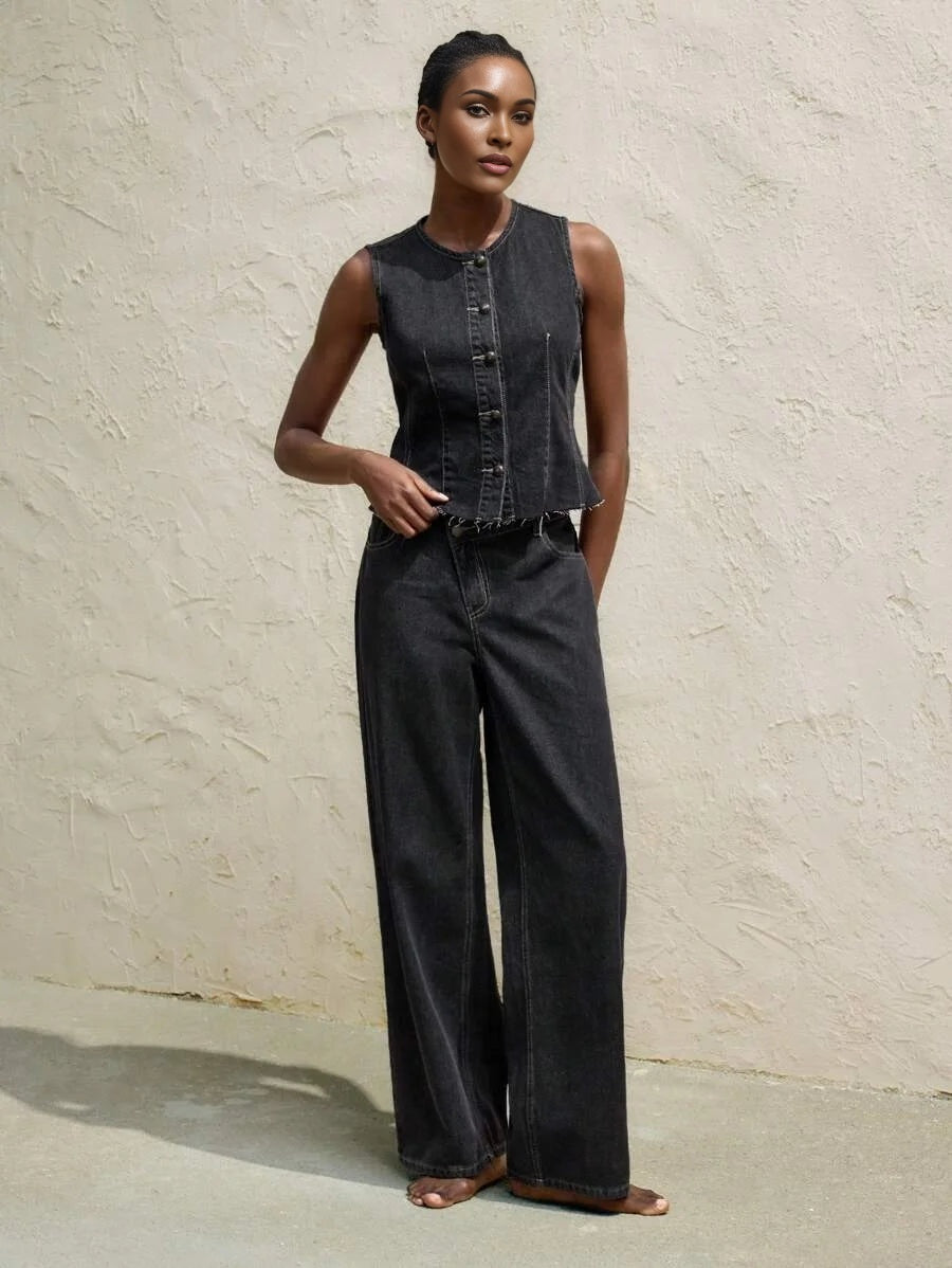 Womens Black Denim Top Casual Fit Sleeveless Vest Retro Casual Outfit
