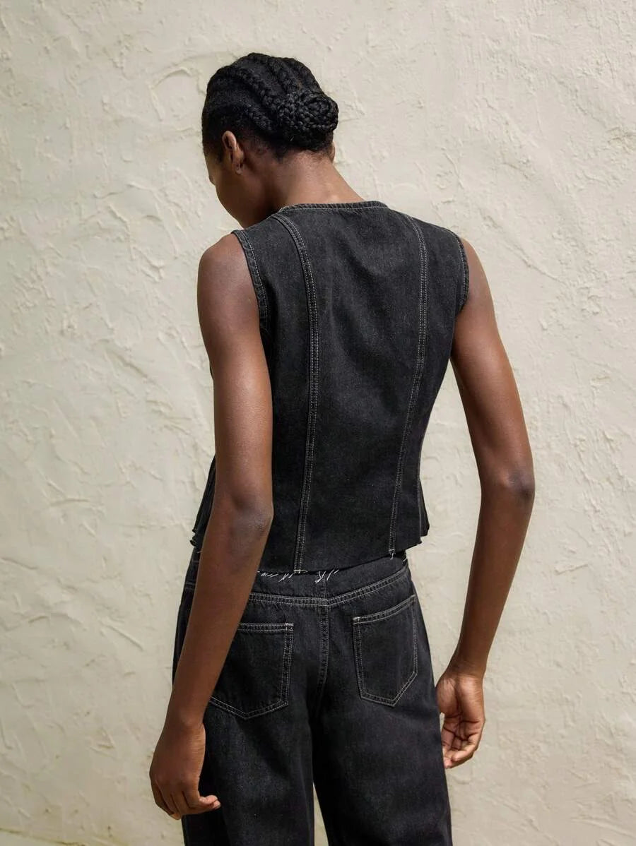 Womens Black Denim Top Casual Fit Sleeveless Vest Retro Casual Outfit