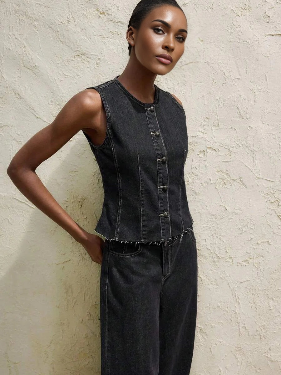 Womens Black Denim Top Casual Fit Sleeveless Vest Retro Casual Outfit