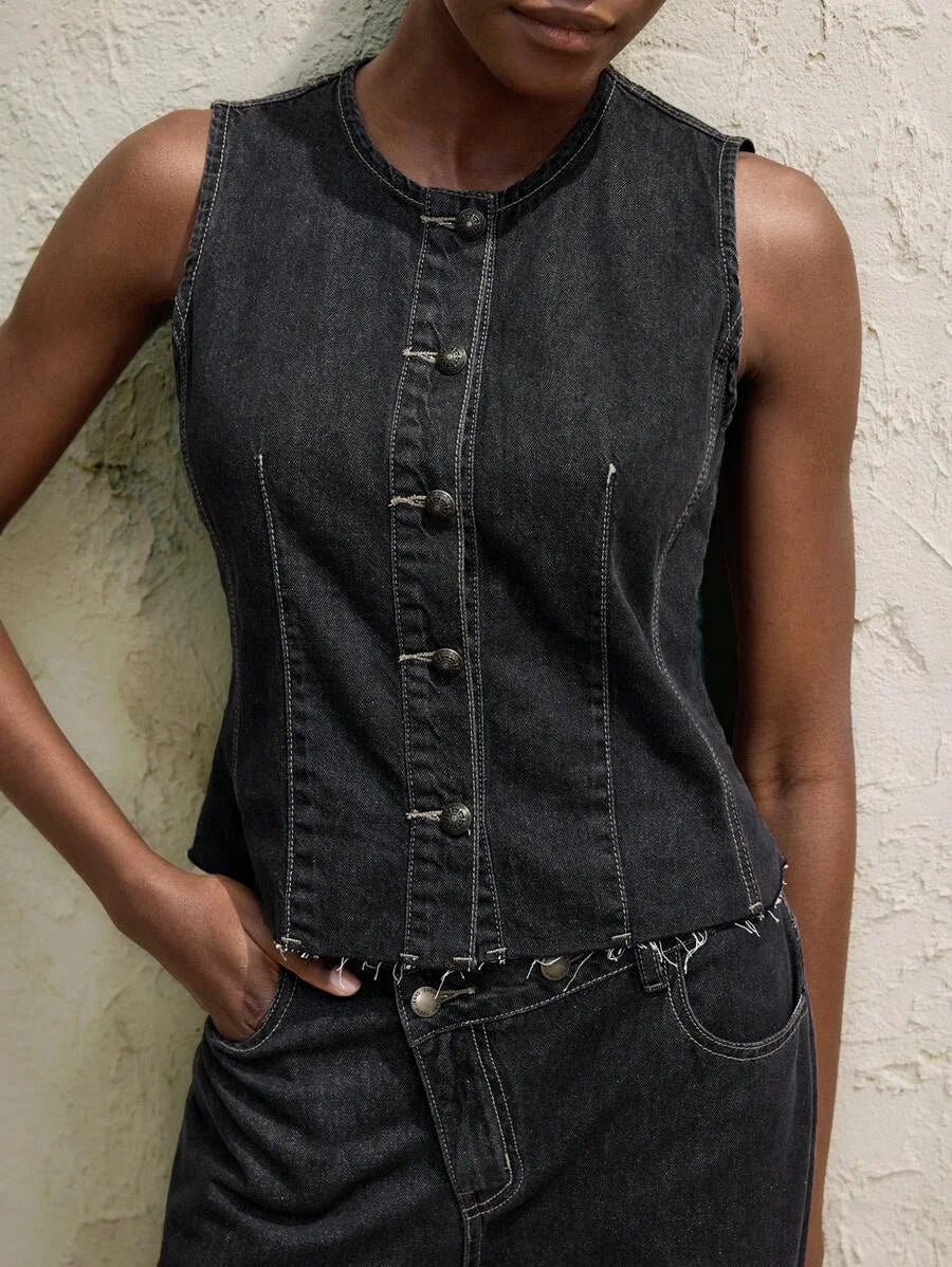 Womens Black Denim Top Casual Fit Sleeveless Vest Retro Casual Outfit