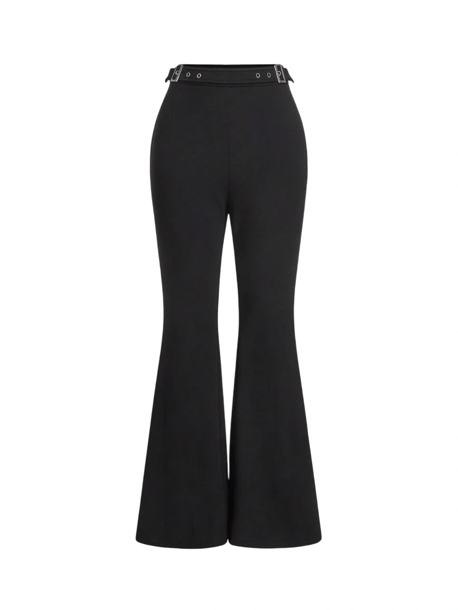 Womens Black Flared Pants With Eyelets Adjustable Waist Casual amp Office Wear