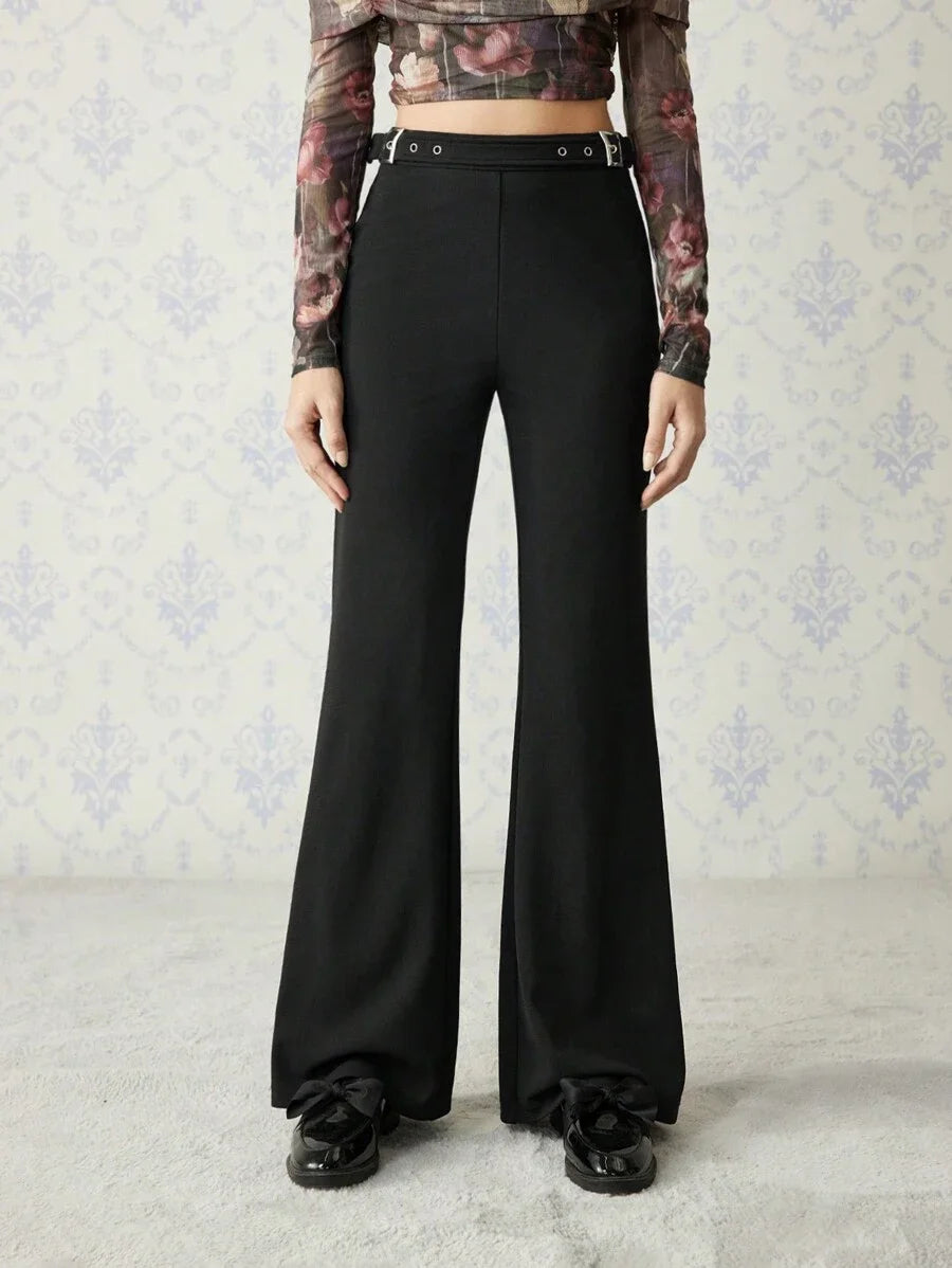 Womens Black Flared Pants With Eyelets Adjustable Waist Casual amp Office Wear