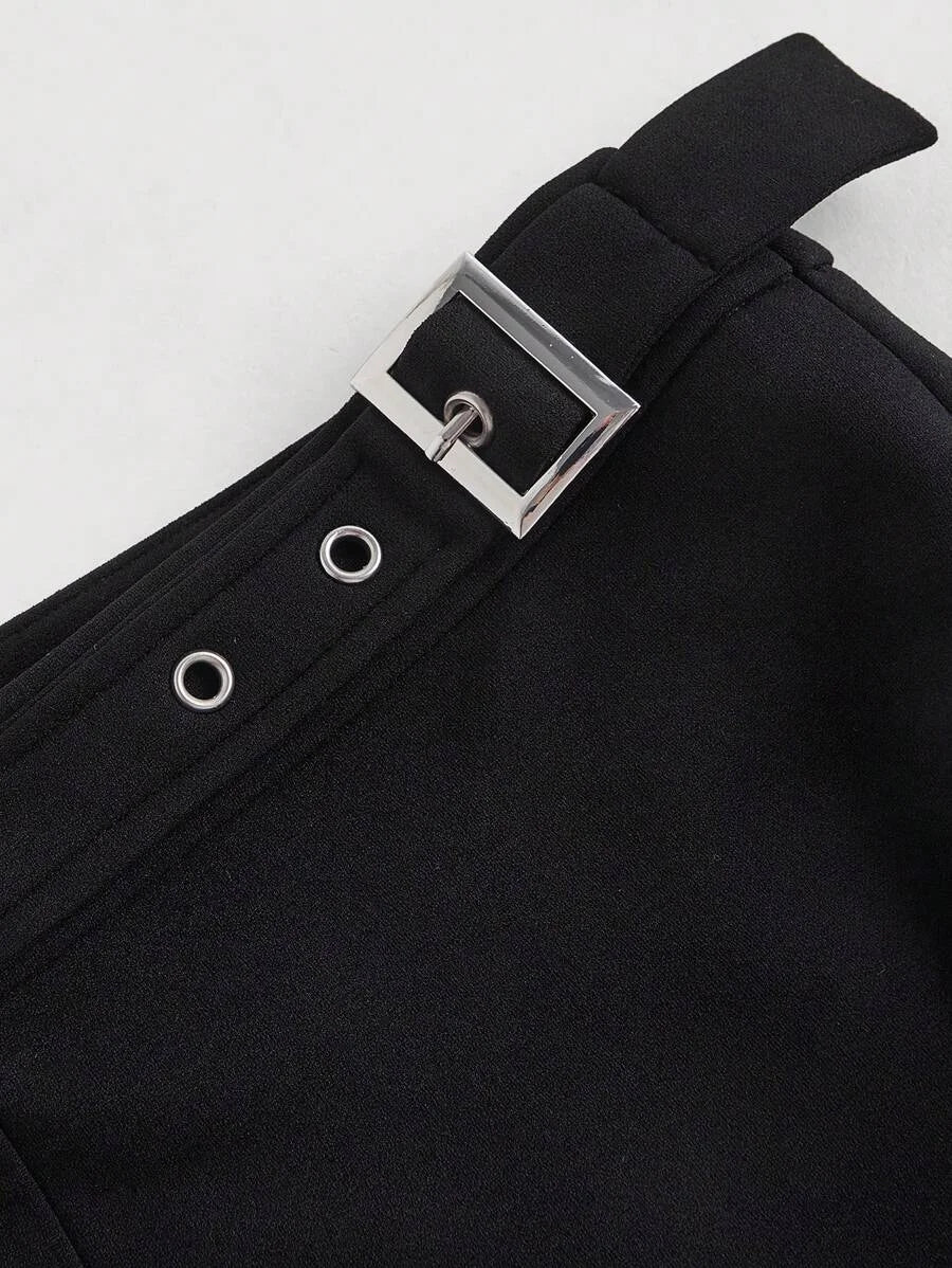 Womens Black Flared Pants With Eyelets Adjustable Waist Casual amp Office Wear