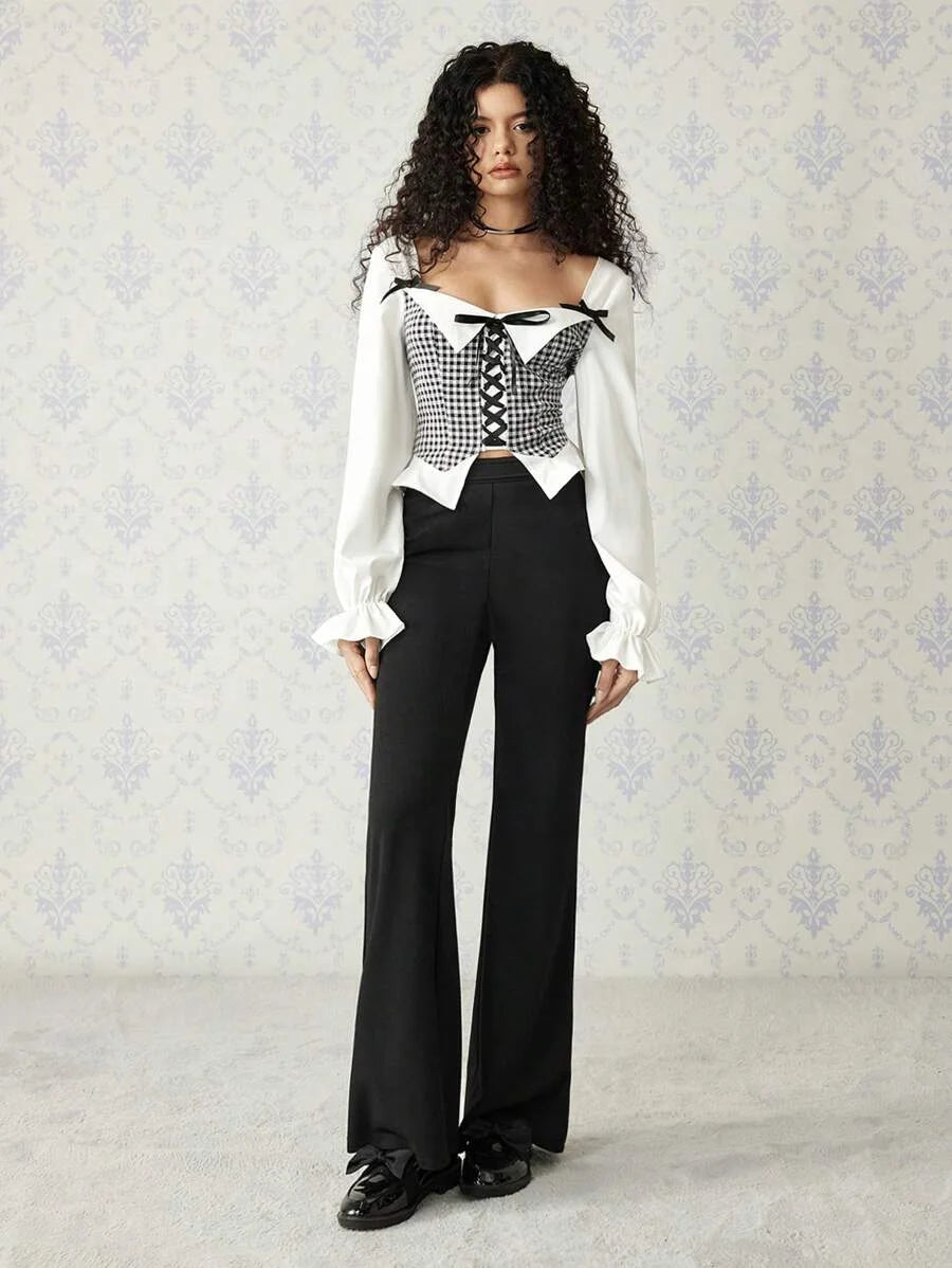 Womens Black Flared Pants With Eyelets Adjustable Waist Casual amp Office Wear