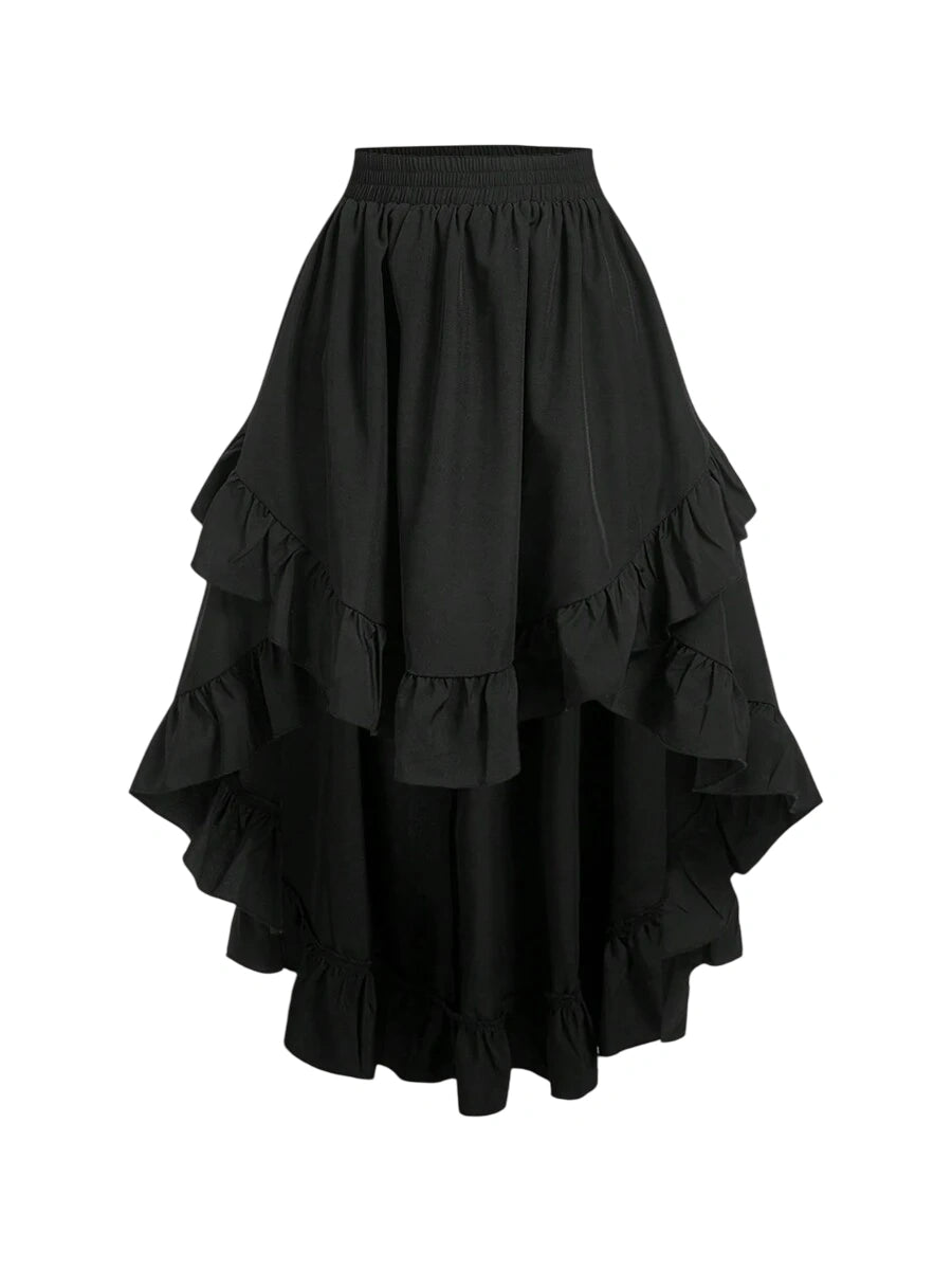 Womens Black Ruffle Hem Skirt Retro Black Layered ALine Skirt