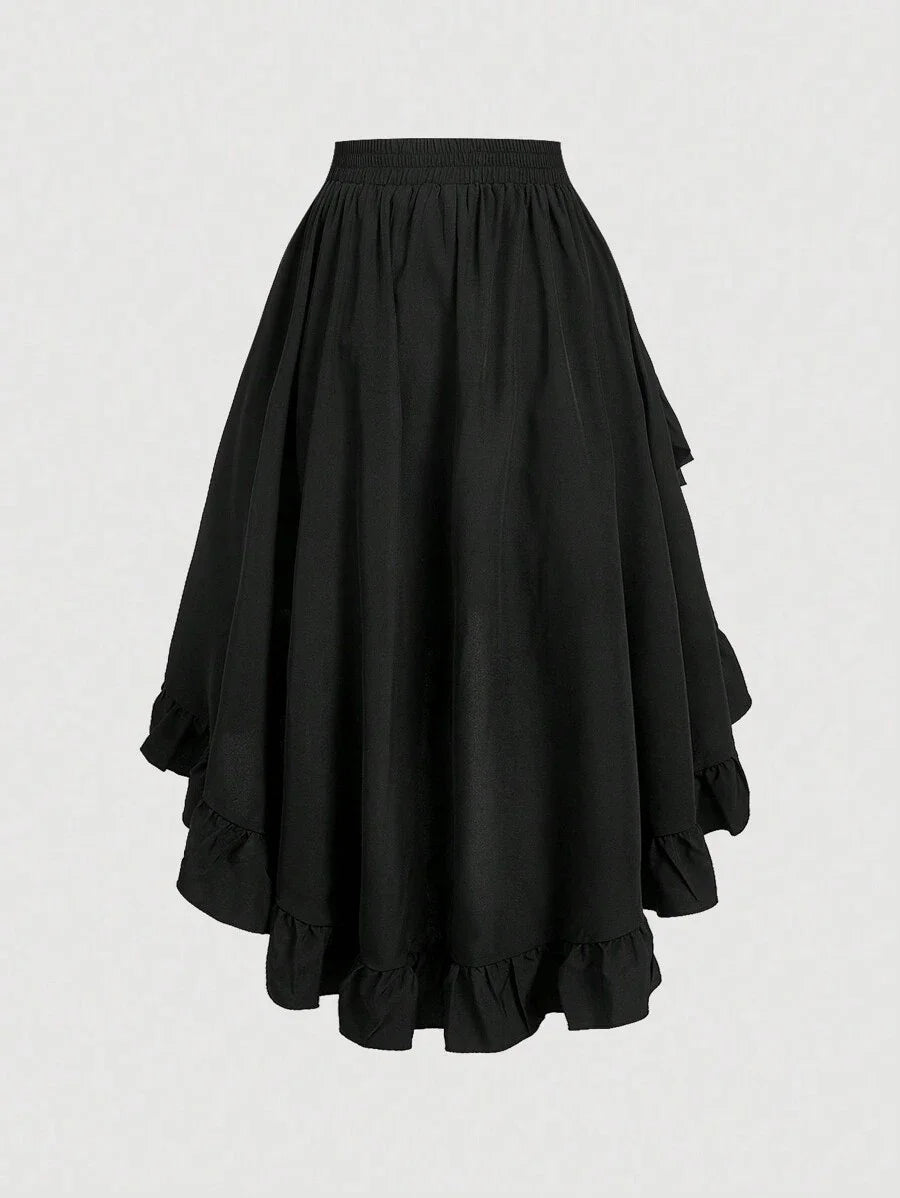 Womens Black Ruffle Hem Skirt Retro Black Layered ALine Skirt
