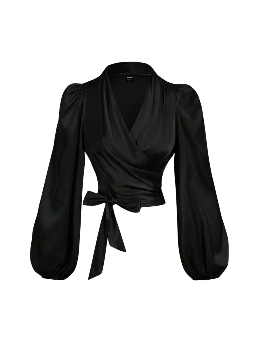 Womens Black WrapAround TieUp Bow Batwing Sleeve BlouseWomen ShirtsGlittery BlouseNew Years Top
