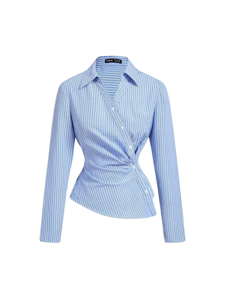 Blue striped wrap blouse with long sleeves and button details