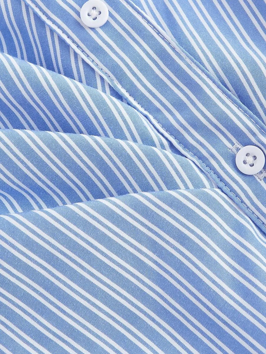 Womens Blue amp White Striped Turndown Collar FoldOver Long Sleeve Business Business Casual