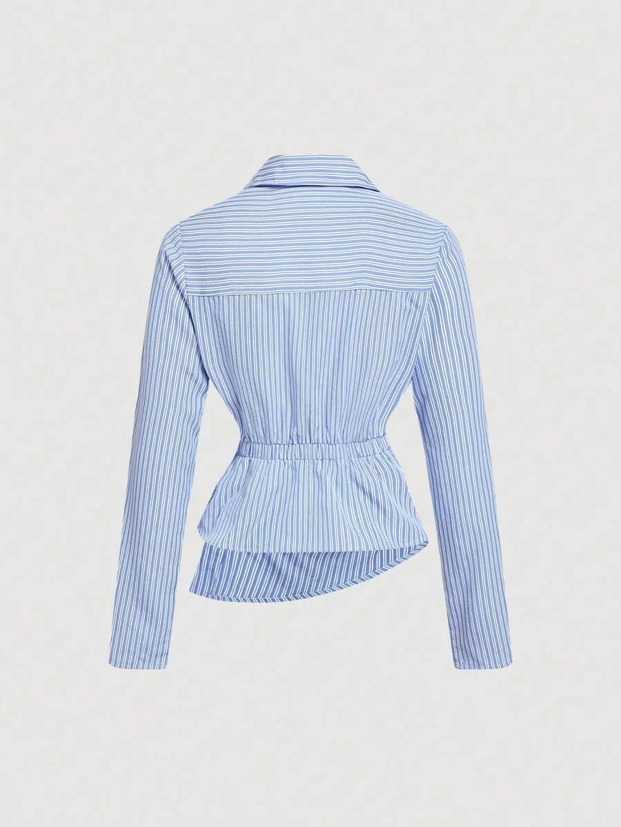 Womens Blue amp White Striped Turndown Collar FoldOver Long Sleeve Business Business Casual