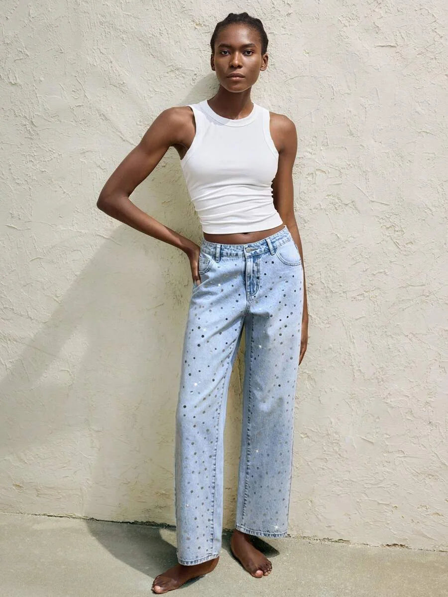 Womens Blue Jeans Low Rise Straight Leg Pants Sparkling Sequins Spring And Summer Jeans