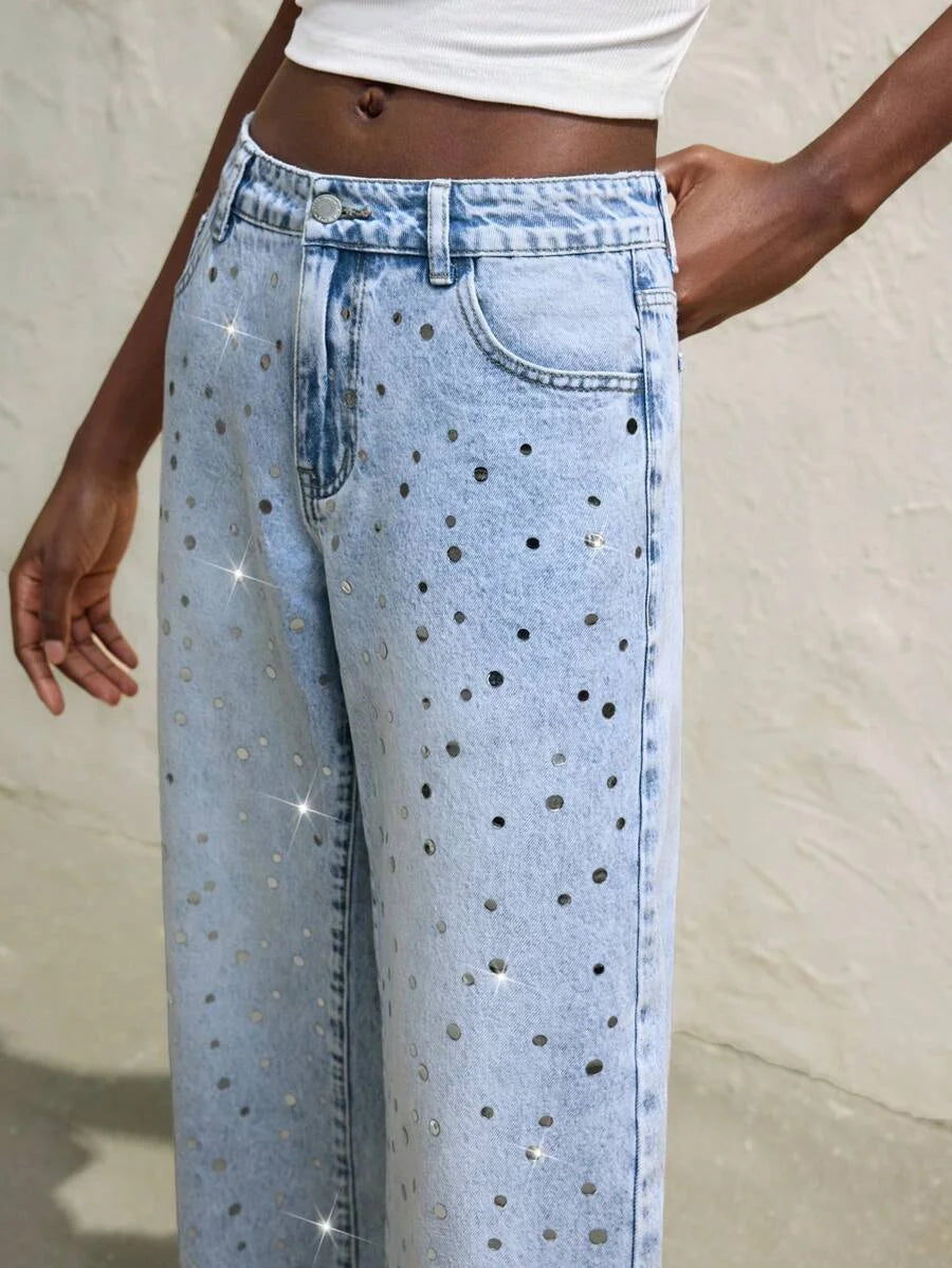 Womens Blue Jeans Low Rise Straight Leg Pants Sparkling Sequins Spring And Summer Jeans