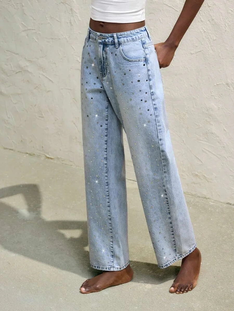 Womens Blue Jeans Low Rise Straight Leg Pants Sparkling Sequins Spring And Summer Jeans