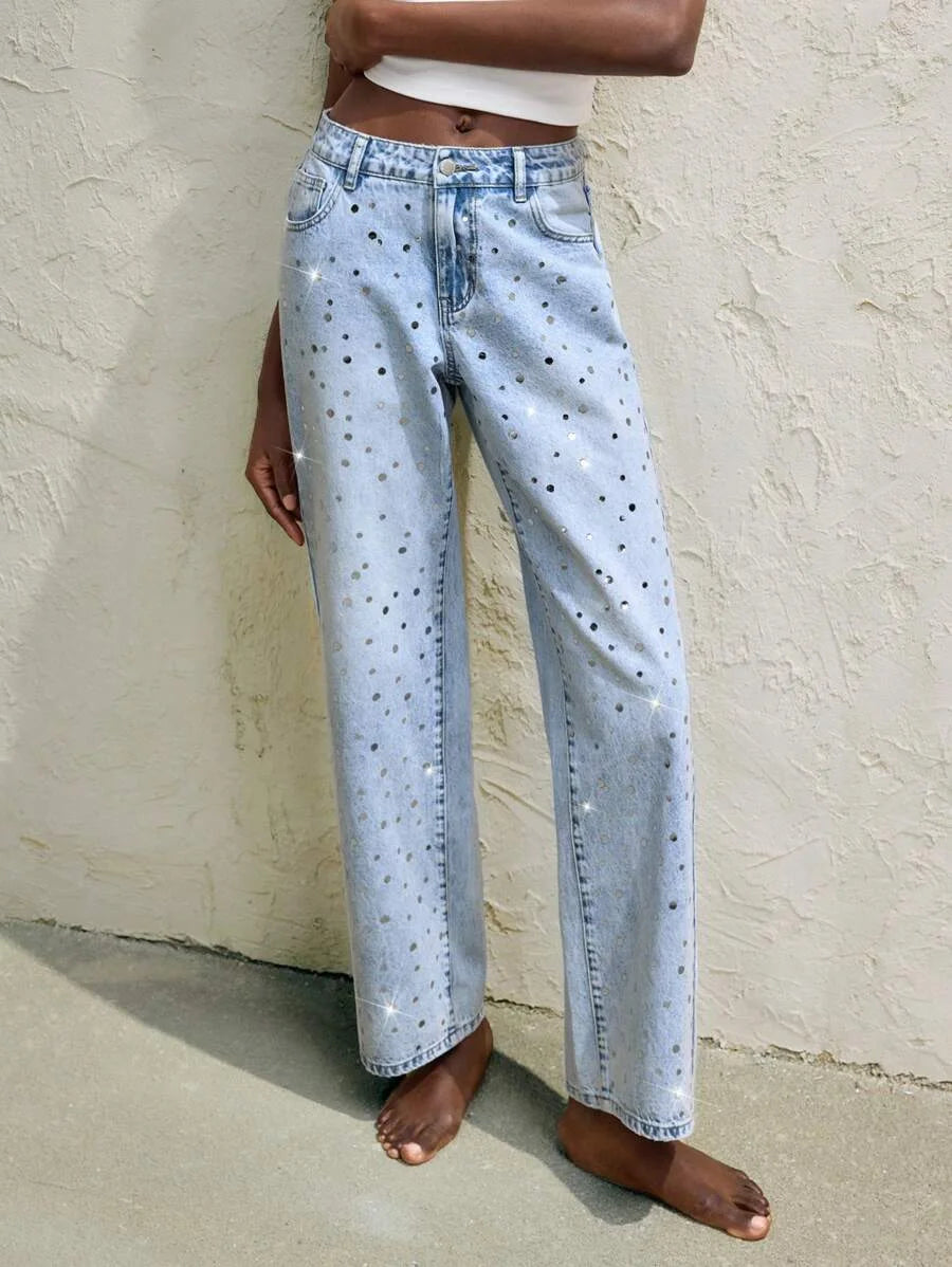 Womens Blue Jeans Low Rise Straight Leg Pants Sparkling Sequins Spring And Summer Jeans
