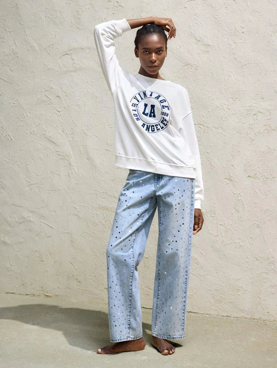 Womens Blue Jeans Low Rise Straight Leg Pants Sparkling Sequins Spring And Summer Jeans