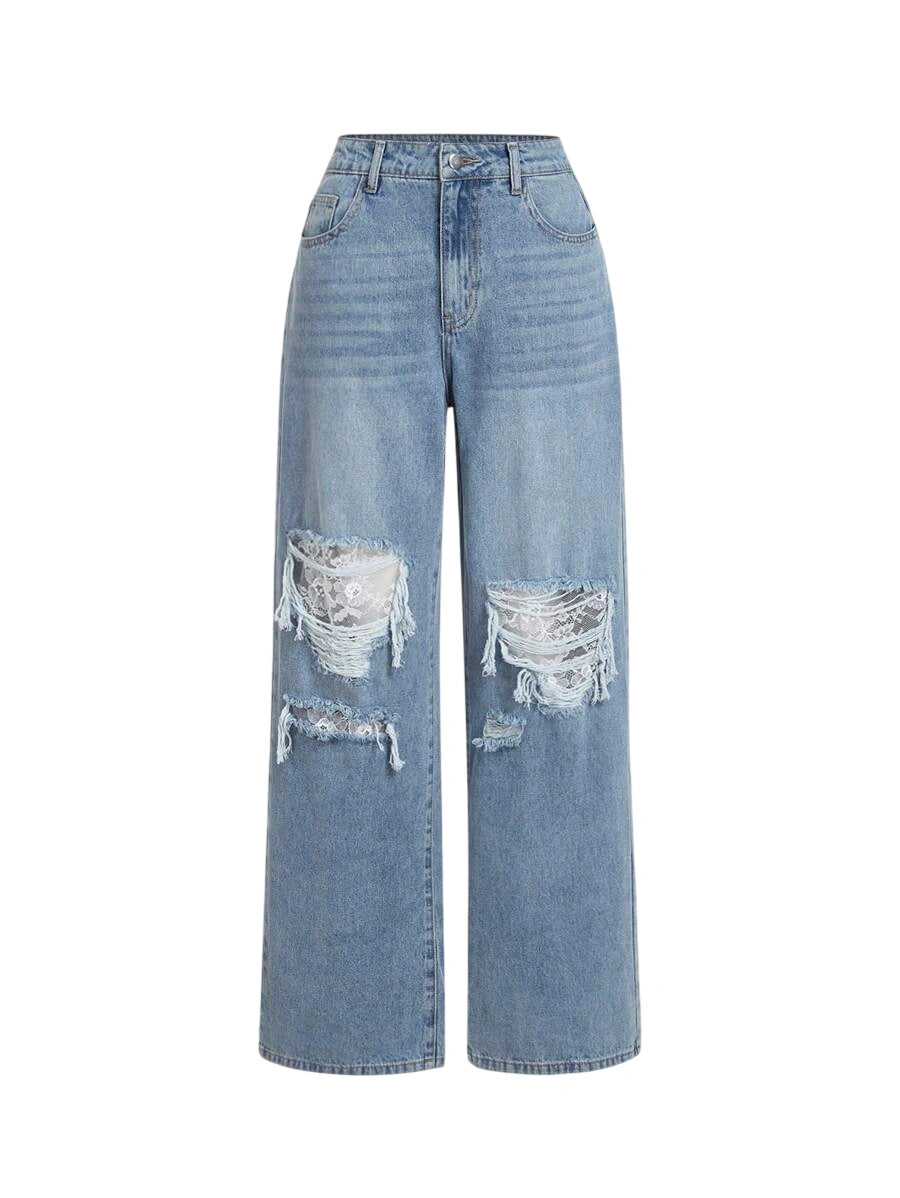Womens Blue Ripped Jeans Straight Leg Pants Holes In Lace Romantic And Beautiful Outfits