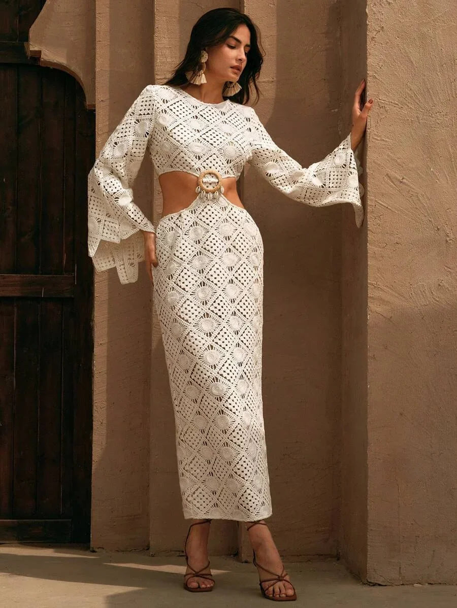 Womens Boho Vacation Beach Open Knitted Long Sleeve Maxi Dress Summer