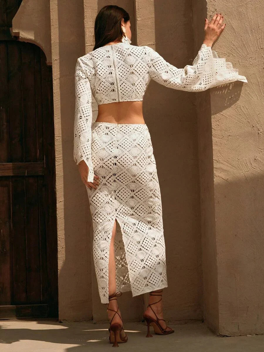 Womens Boho Vacation Beach Open Knitted Long Sleeve Maxi Dress Summer