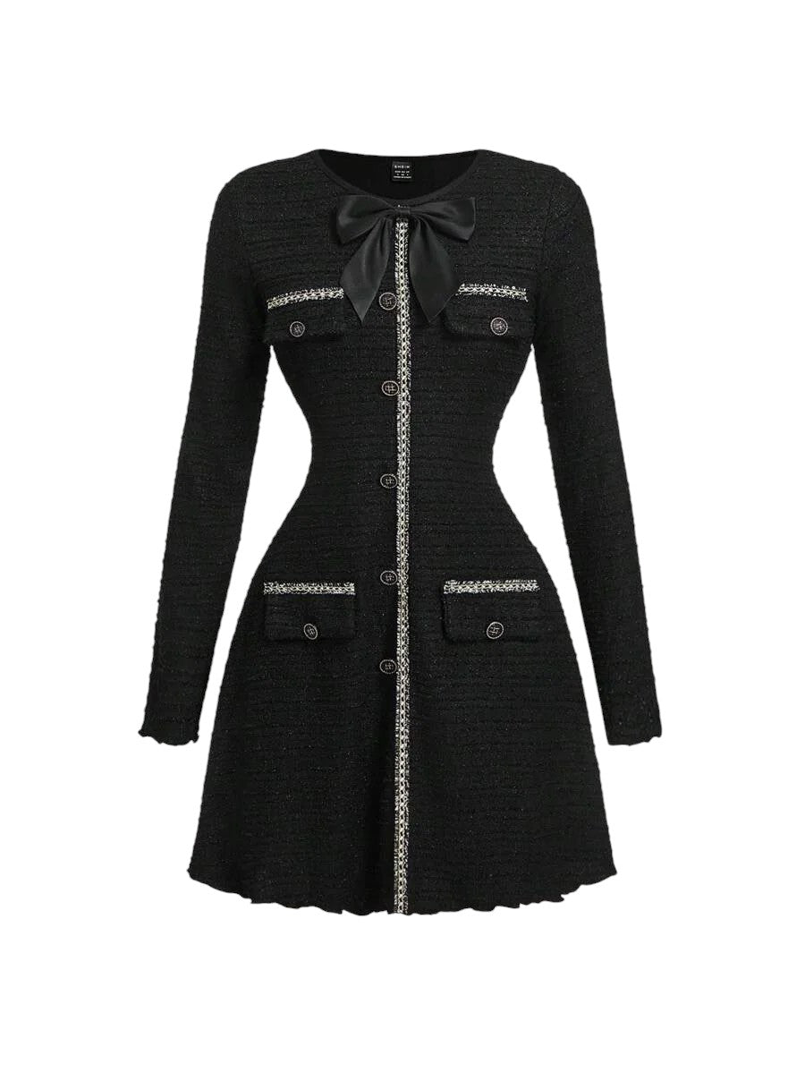 Womens Bow Decor Red Retro Knit Long Sleeve Mini DressNew Year Eve Dress DressHoliday DressWinter