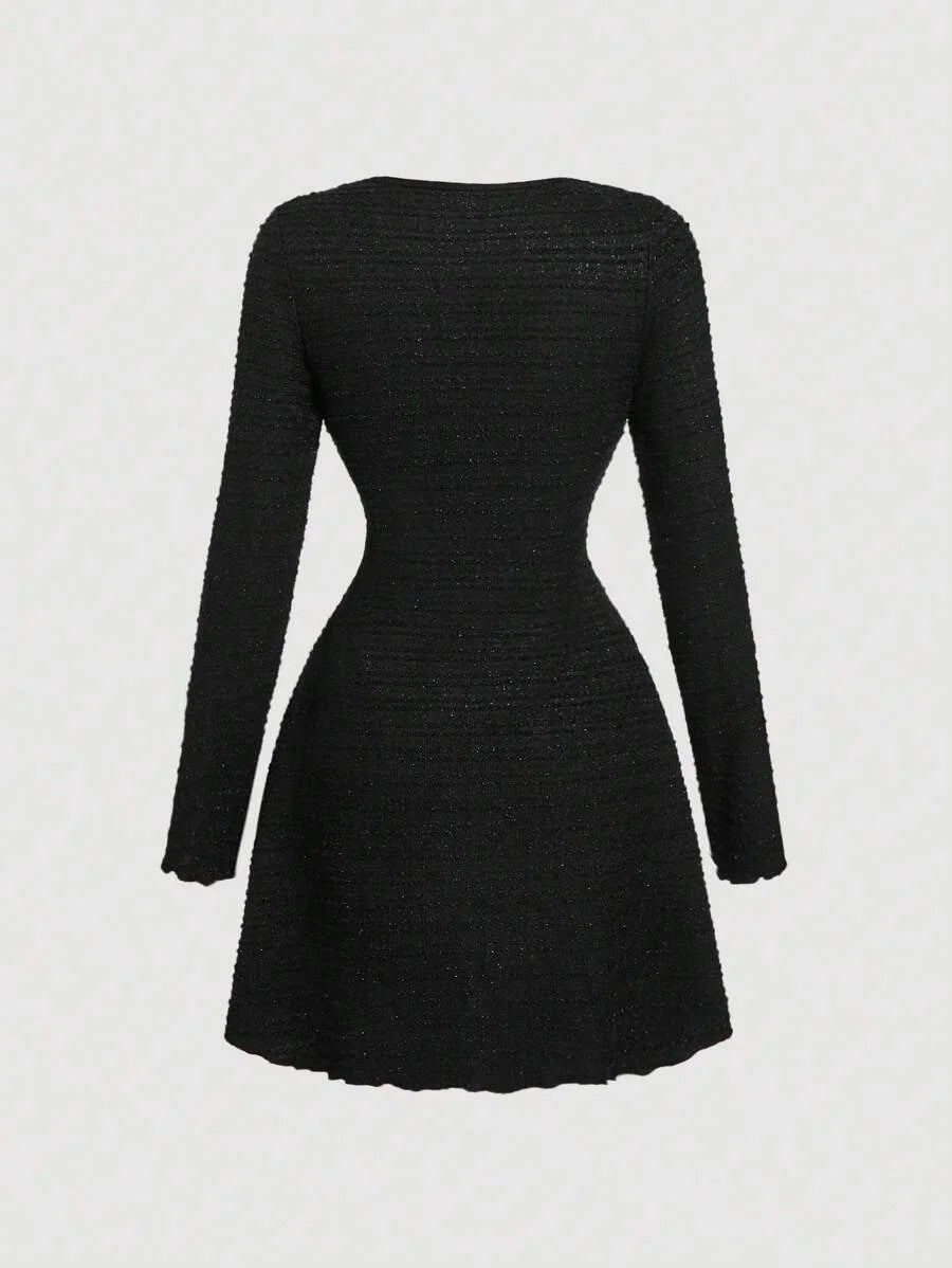 Womens Bow Decor Red Retro Knit Long Sleeve Mini DressNew Year Eve Dress DressHoliday DressWinter