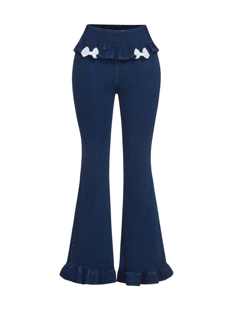 Womens Bow Decor Ruffle Trim Patchwork Flare Leg Jeans