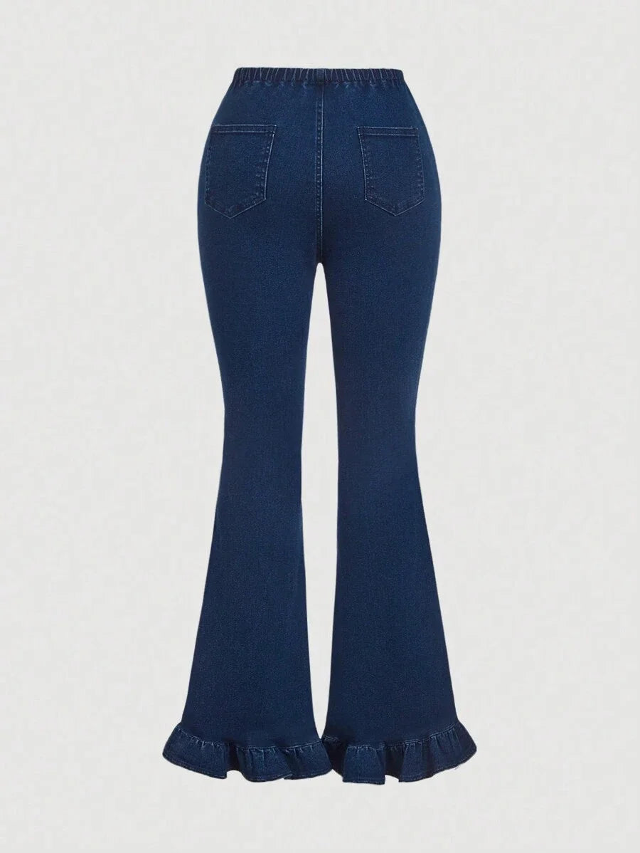 Womens Bow Decor Ruffle Trim Patchwork Flare Leg Jeans