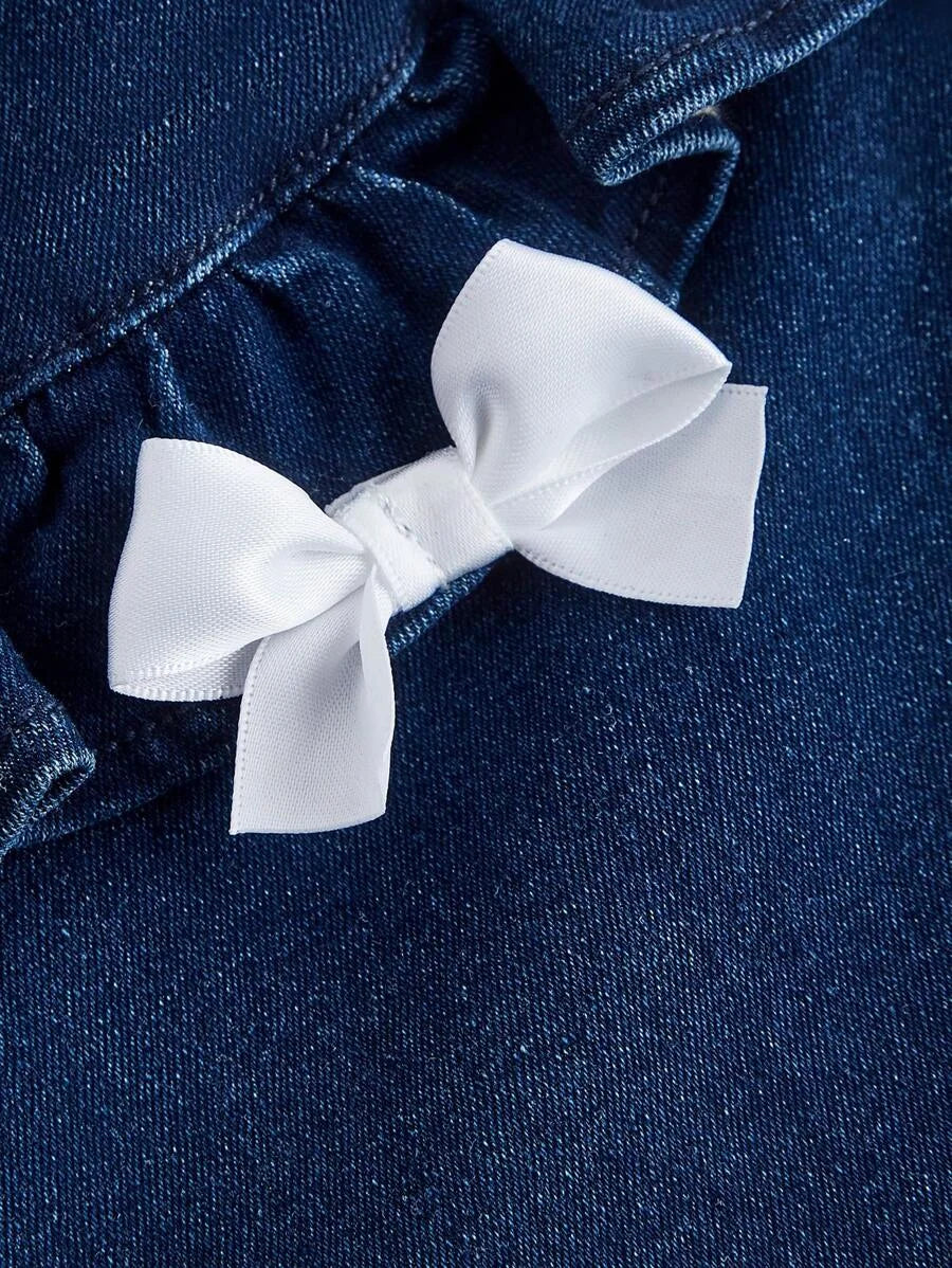Womens Bow Decor Ruffle Trim Patchwork Flare Leg Jeans