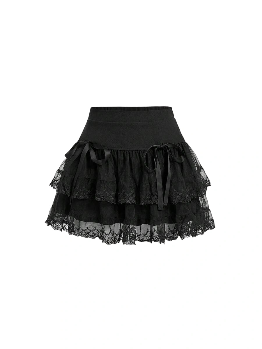 Womens Bow Decorated Mesh MultiLayered Skirt