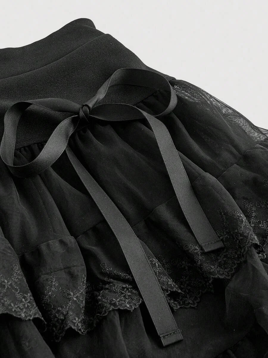 Womens Bow Decorated Mesh MultiLayered Skirt