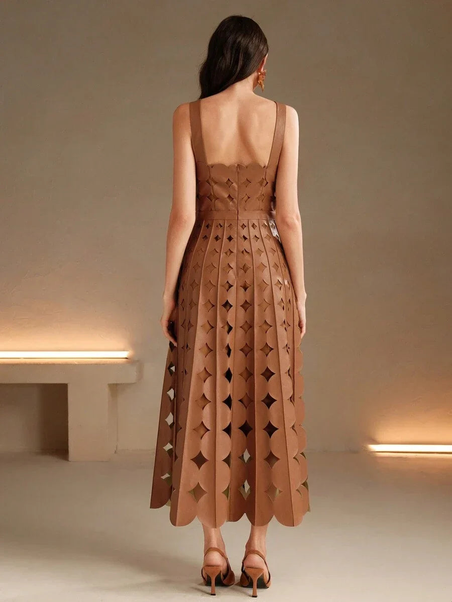 Womens Brown Khaki PU Laser Engraved Elegant PartyNew Year French Spring Dress