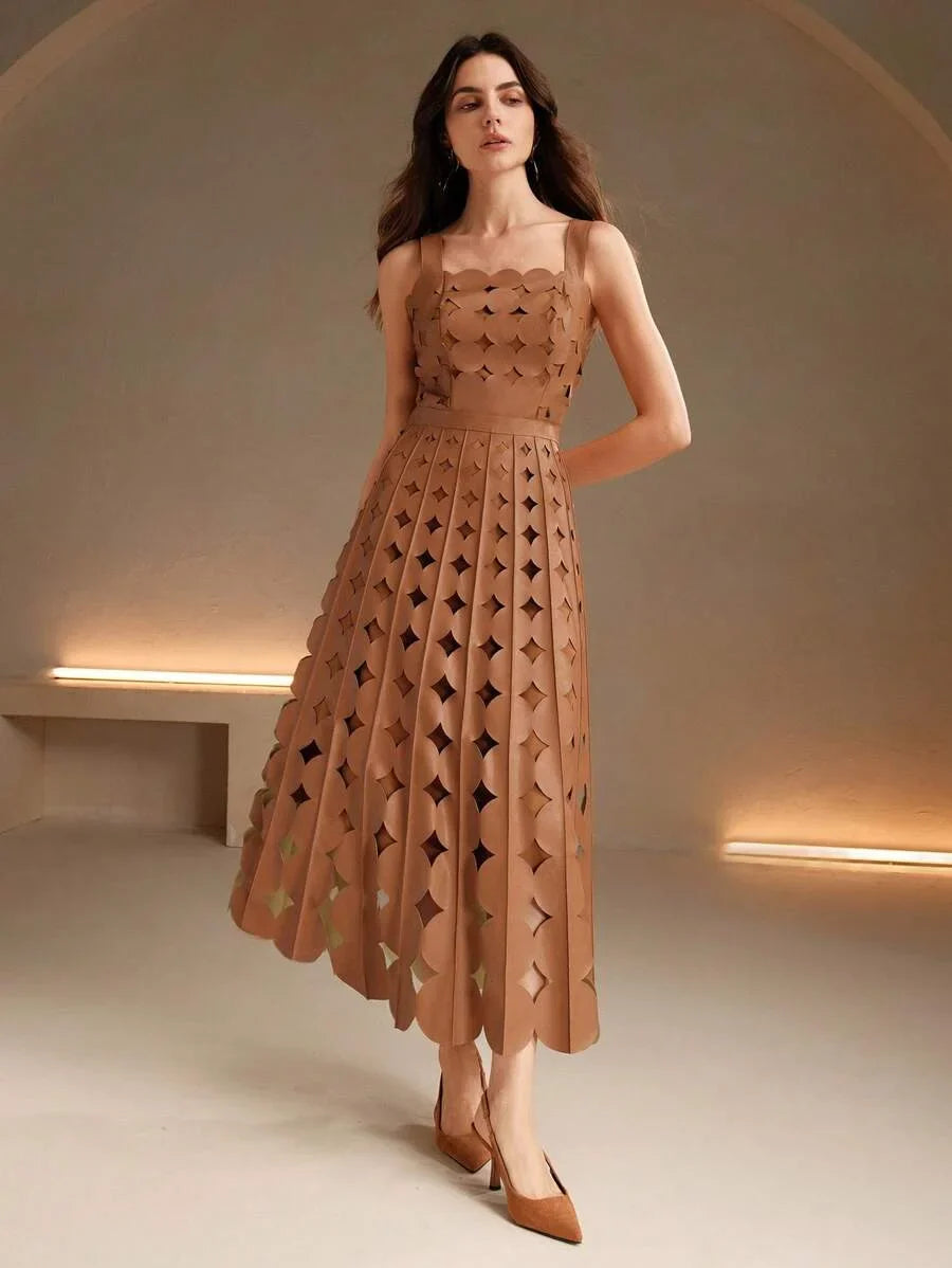 Womens Brown Khaki PU Laser Engraved Elegant PartyNew Year French Spring Dress