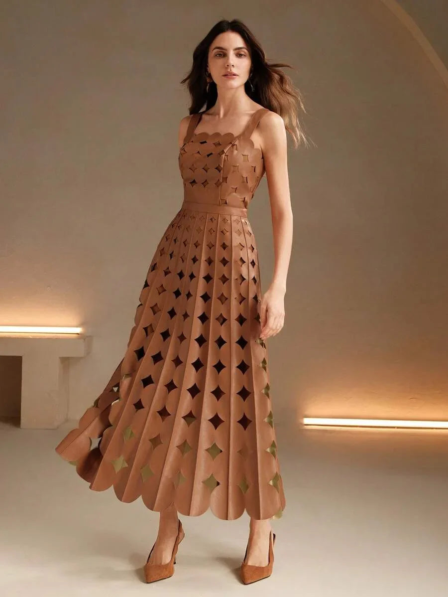Womens Brown Khaki PU Laser Engraved Elegant PartyNew Year French Spring Dress