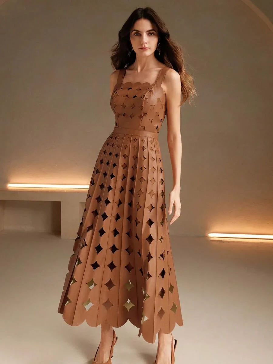 Womens Brown Khaki PU Laser Engraved Elegant PartyNew Year French Spring Dress