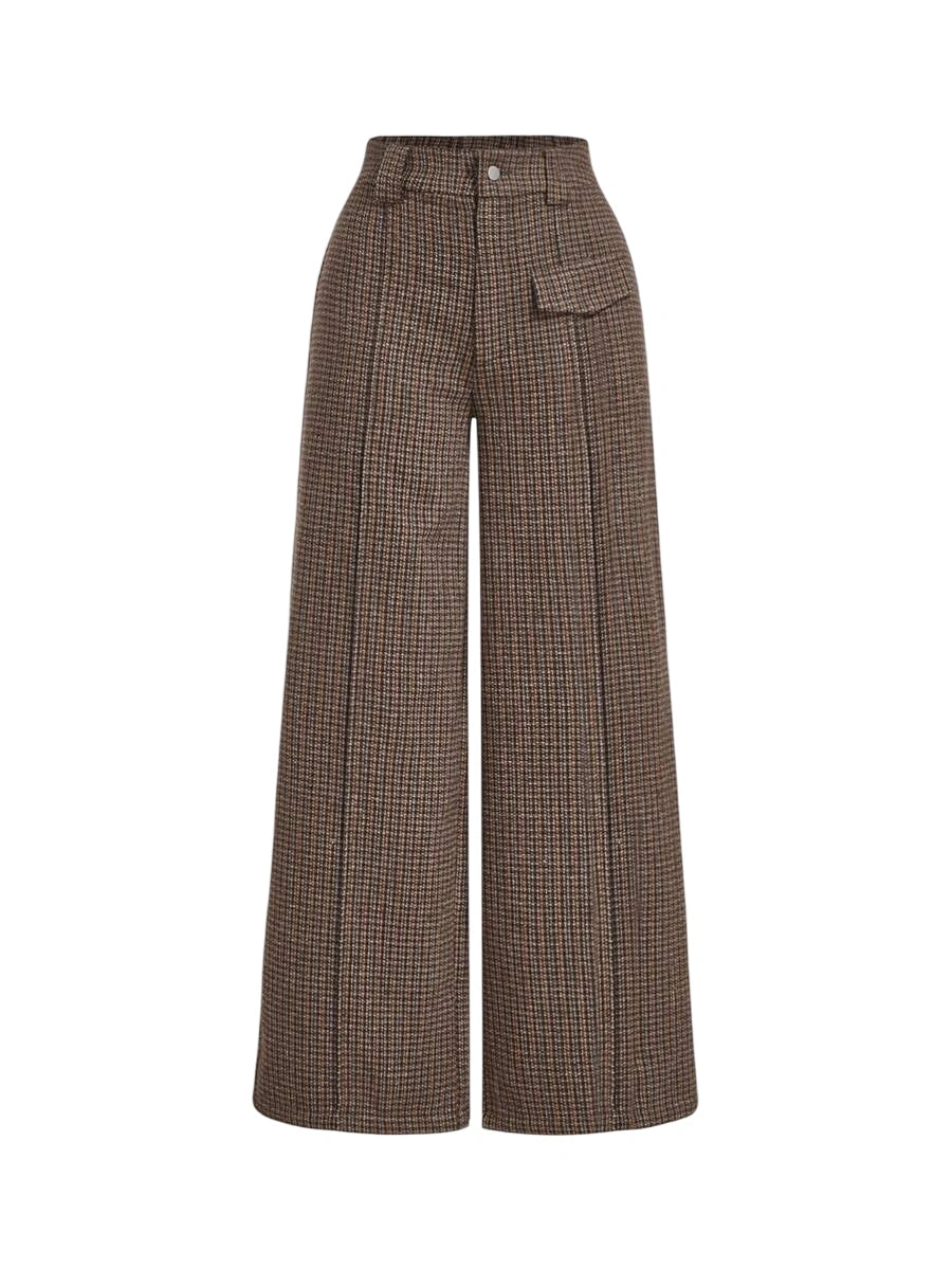Womens Brown Tweed Cargo Pocket Wide Leg Pants Long Trousers For WinterBrown PantsWomen Dress