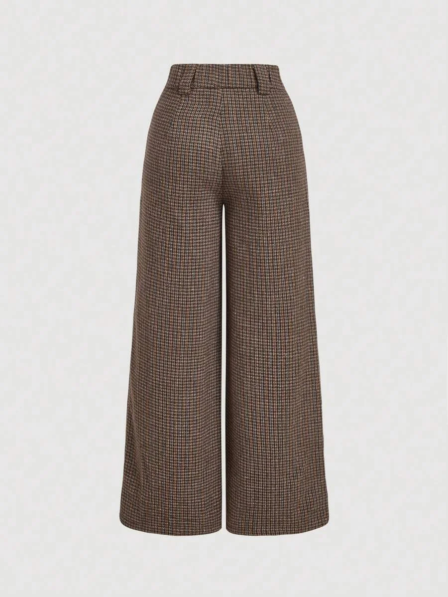 Womens Brown Tweed Cargo Pocket Wide Leg Pants Long Trousers For WinterBrown PantsWomen Dress