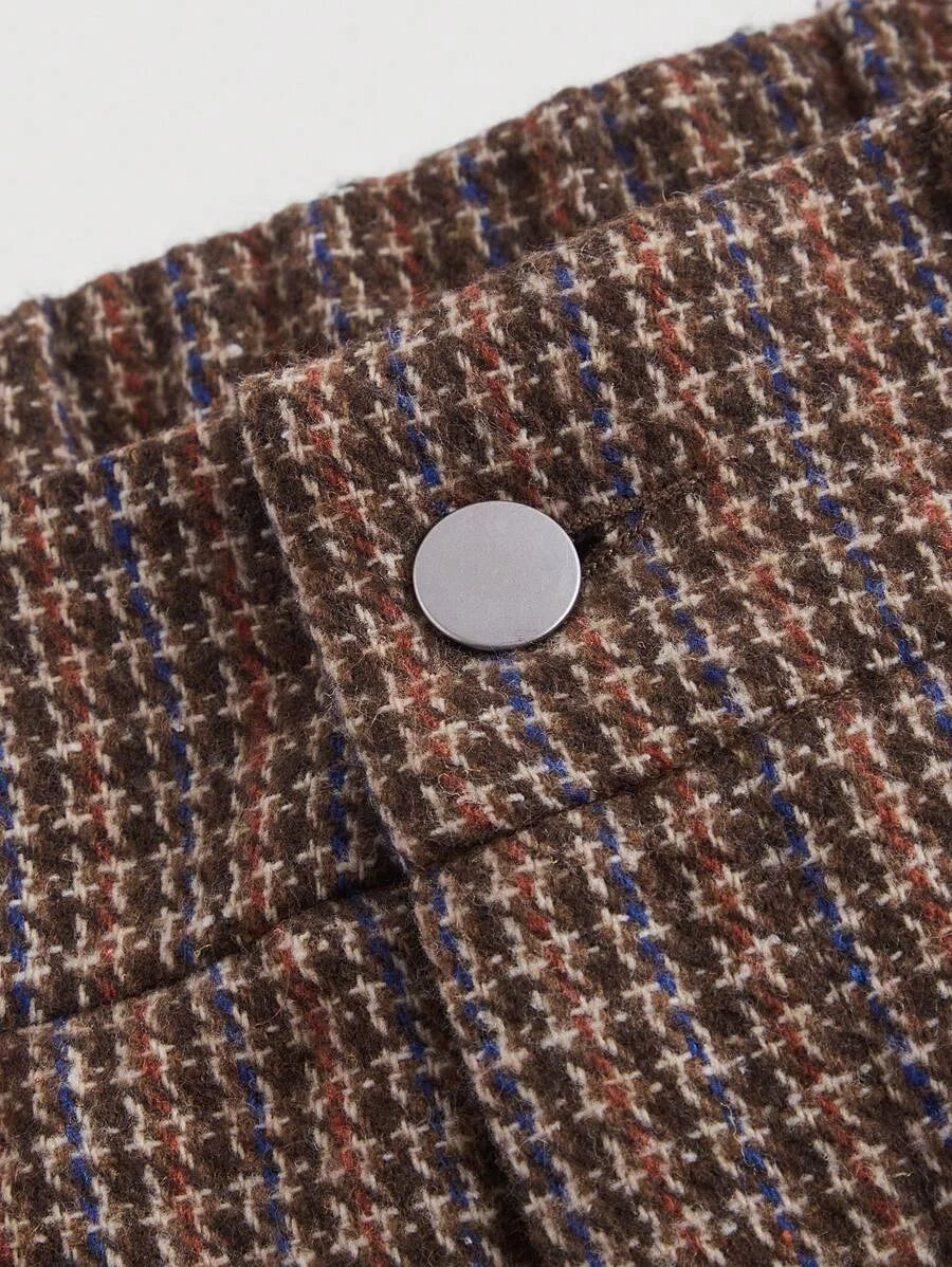 Womens Brown Tweed Cargo Pocket Wide Leg Pants Long Trousers For WinterBrown PantsWomen Dress