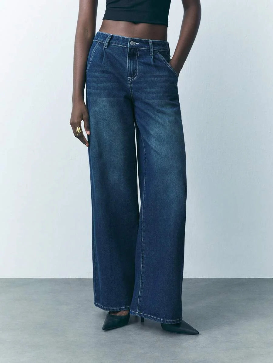 Womens Button Waist Strap Casual Straight Leg Jeans Streetwear Trousers