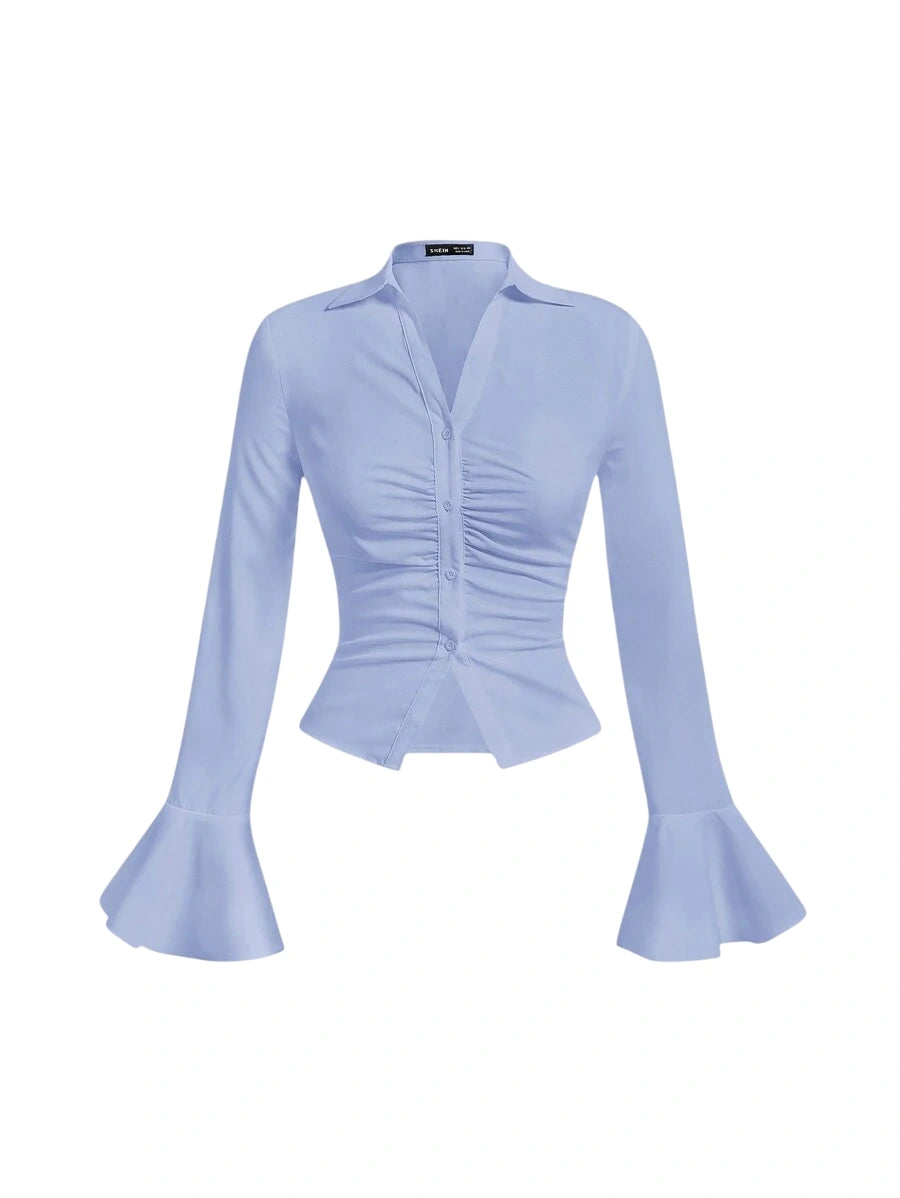 Light blue ruched blouse with bell sleeves and a fitted silhouette