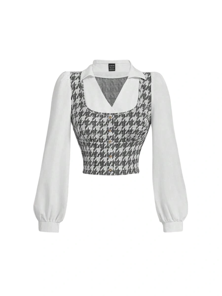 Womens Crop Top Casual Contrast Collar Patchwork Houndstooth Shirt