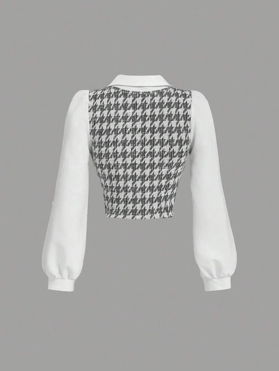 Womens Crop Top Casual Contrast Collar Patchwork Houndstooth Shirt