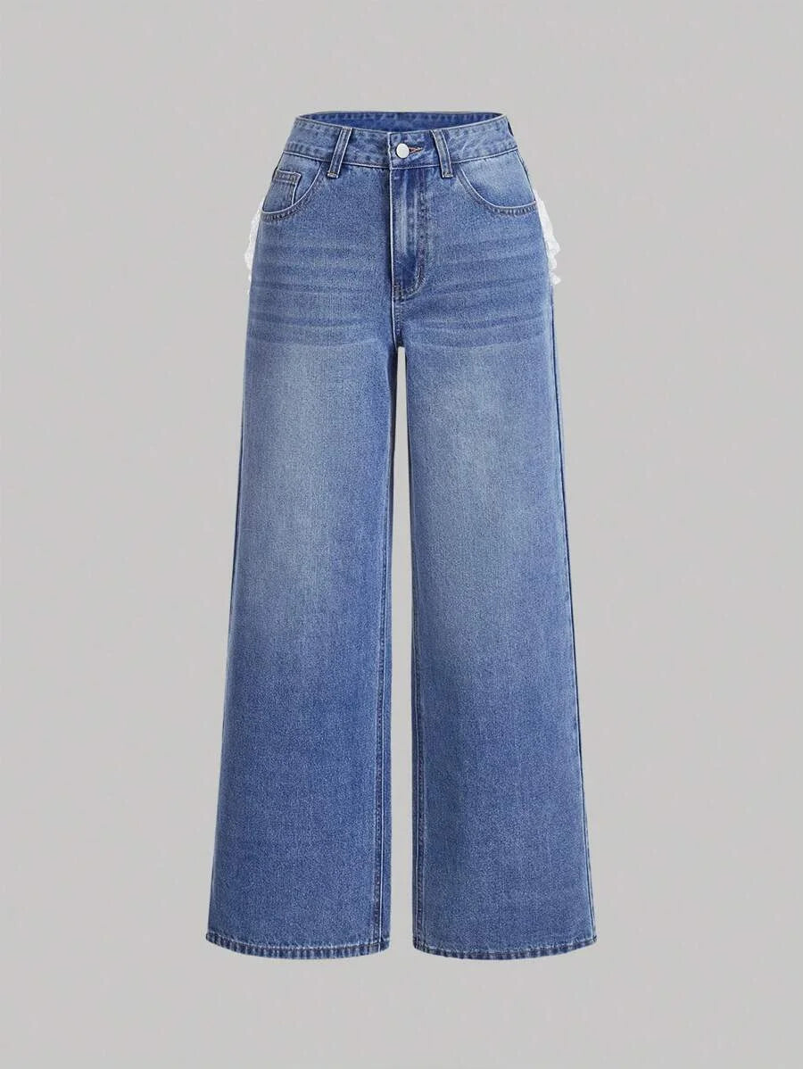 Womens Casual Distressed Denim Jeans With Lace Heart Trim