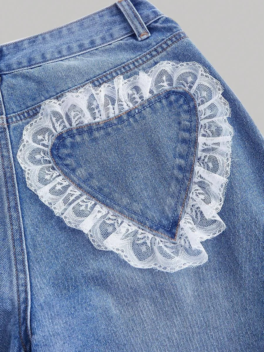 Womens Casual Distressed Denim Jeans With Lace Heart Trim