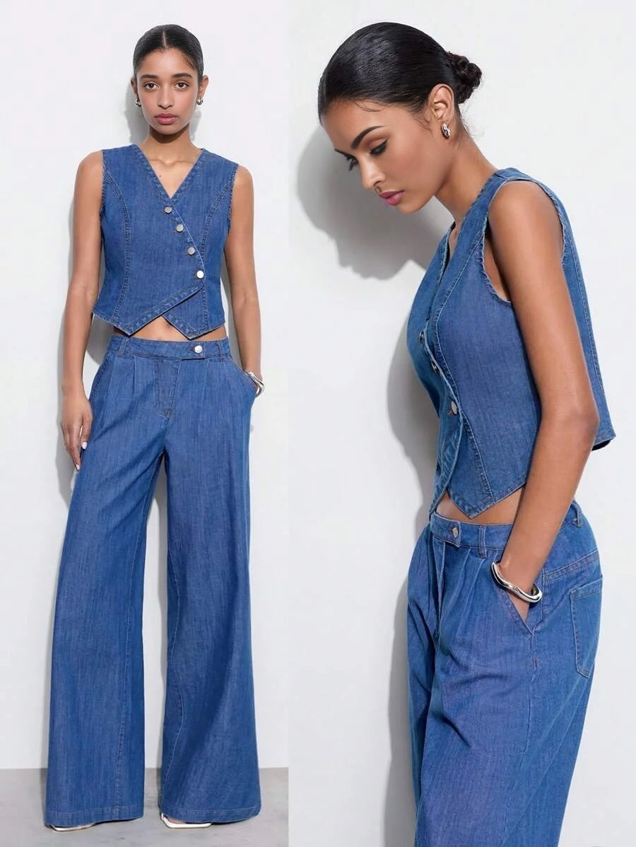 Womens Casual Fitted Sleeveless Denim Vest Blue