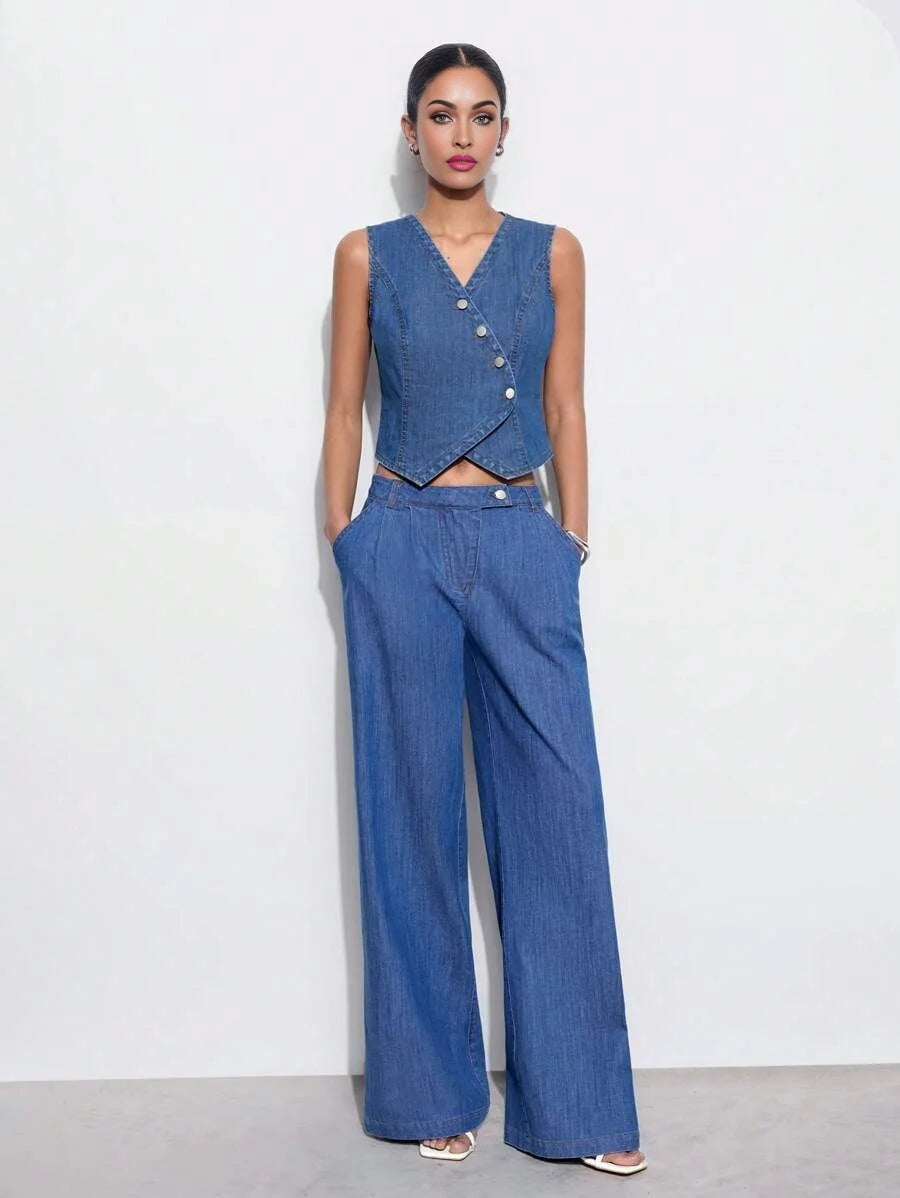Womens Casual Fitted Sleeveless Denim Vest Blue
